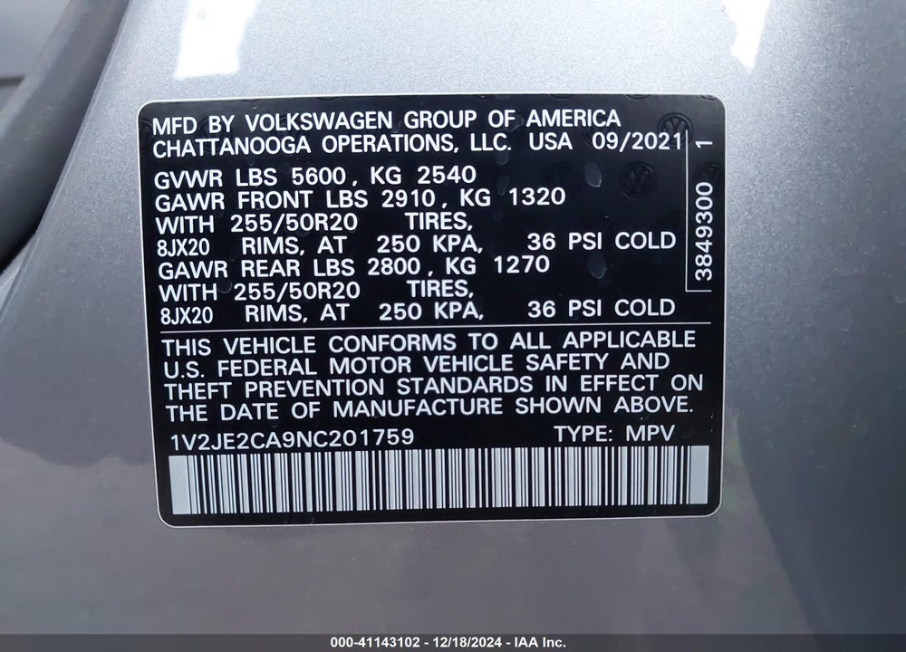 2022 VOLKSWAGEN ATLAS CROSS SPORT 3.6L V6 SE W/TECHNOLOGY VIN: 1V2JE2CA9NC201759