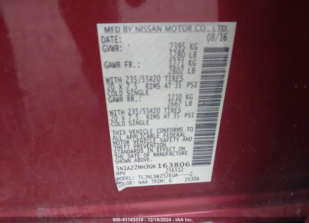 2016 NISSAN MURANO PLATINUM VIN: 5N1AZ2MH3GN163806