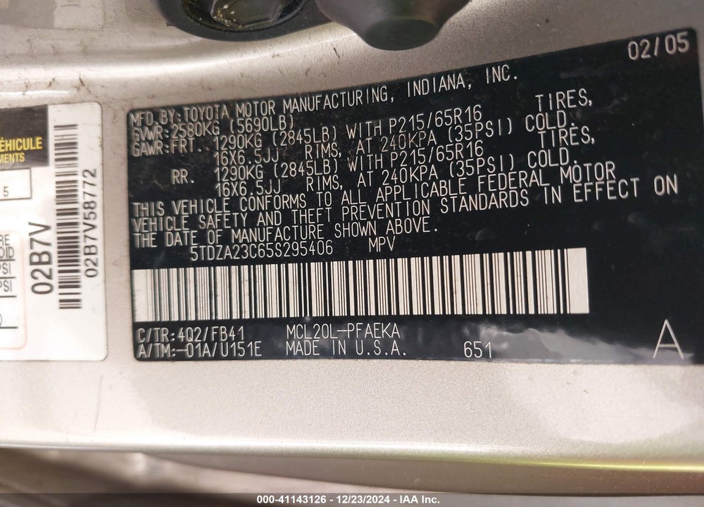 2005 TOYOTA SIENNA LE VIN: 5TDZA23C65S295406