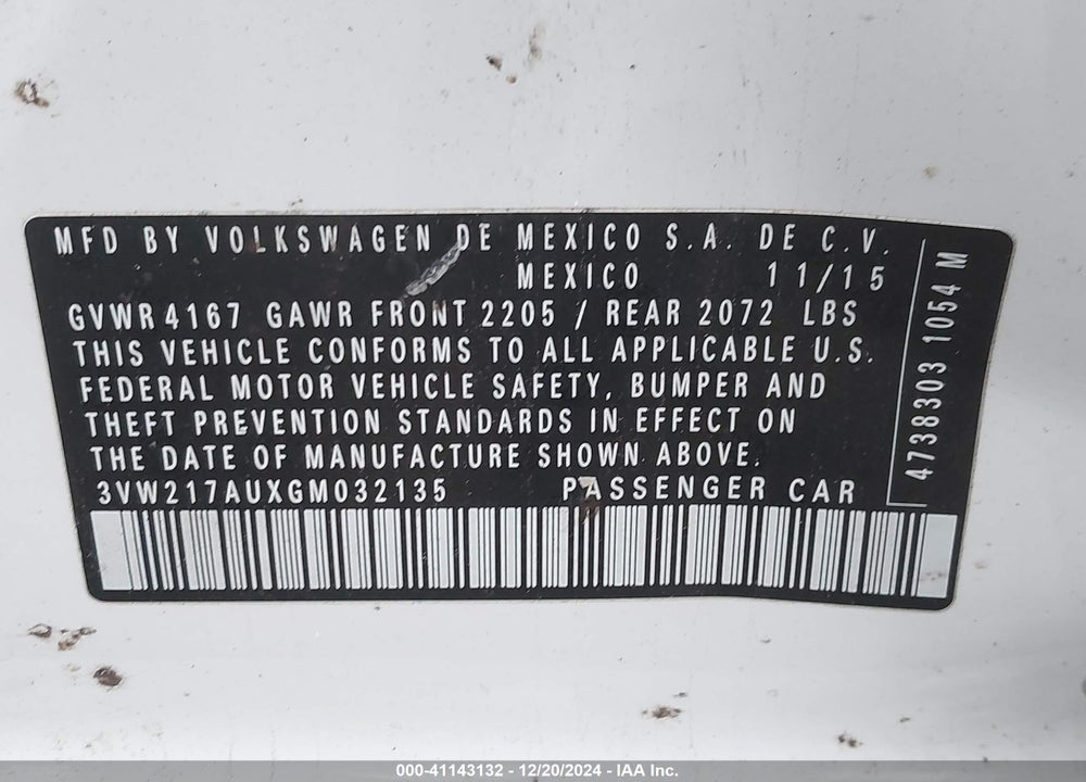 2016 VOLKSWAGEN GOLF TSI S 4-DOOR VIN: 3VW217AUXGM032135