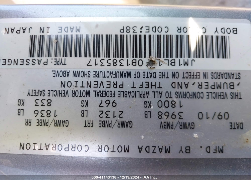 2011 MAZDA 3 I TOURING VIN: JM1BL1VF0B1385317