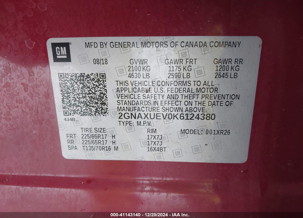 2019 CHEVROLET EQUINOX LT VIN: 2GNAXUEV0K6124380