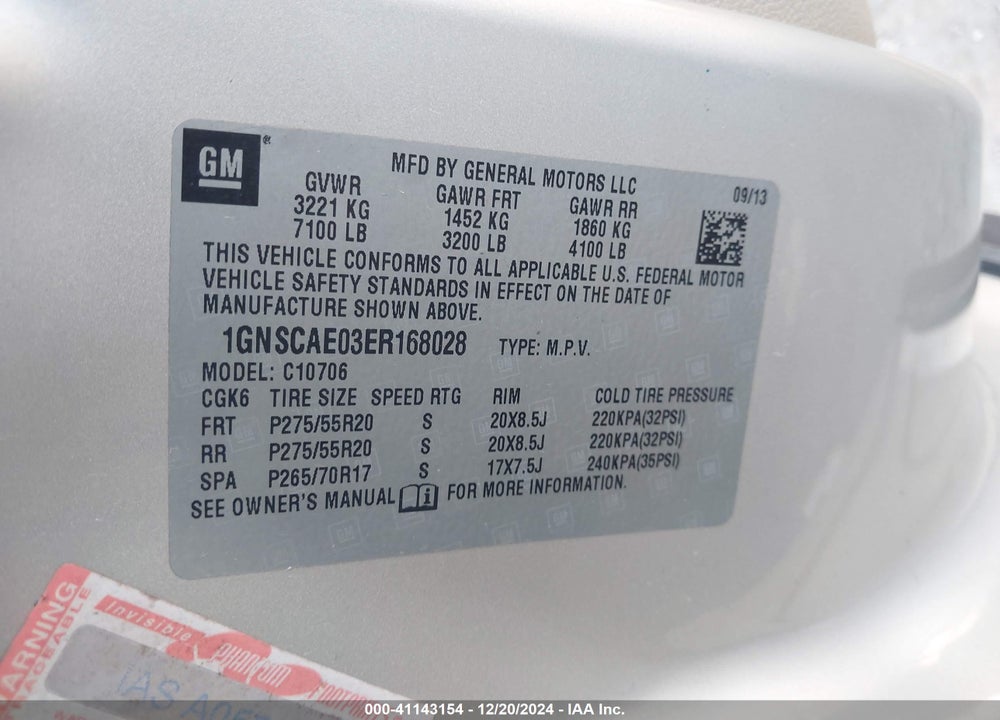 2014 CHEVROLET TAHOE LS VIN: 1GNSCAE03ER168028