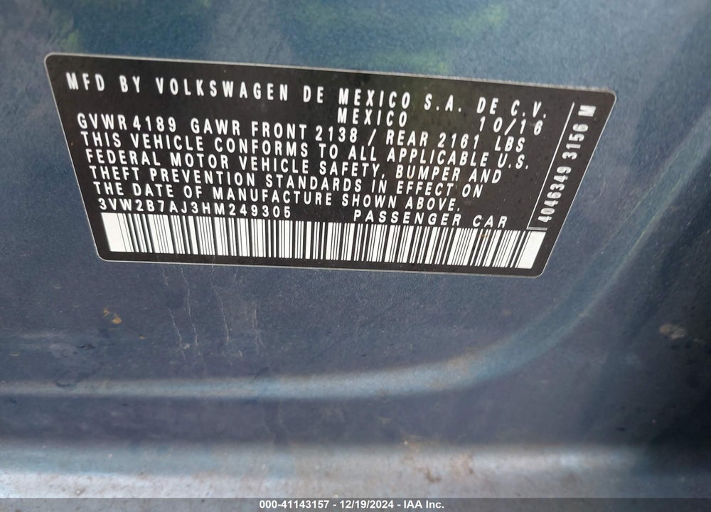 2017 VOLKSWAGEN JETTA 1.4T S VIN: 3VW2B7AJ3HM249305