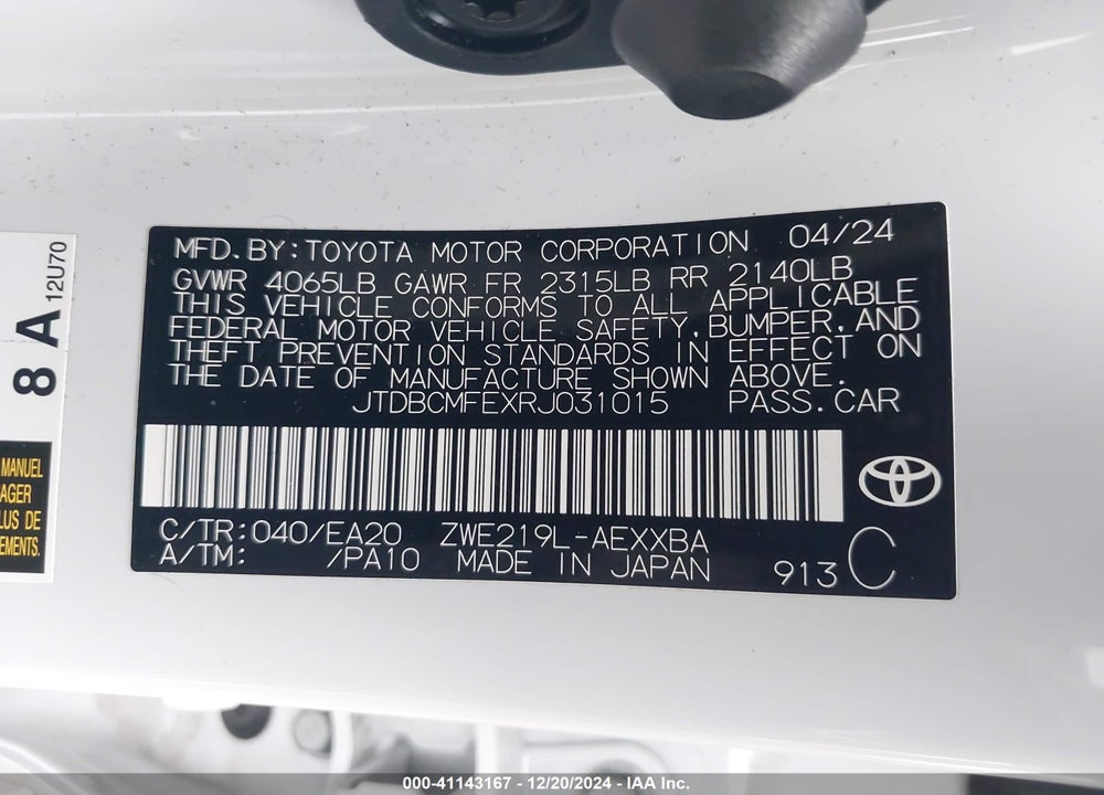 2024 TOYOTA COROLLA HYBRID XLE VIN: JTDBCMFEXRJ031015