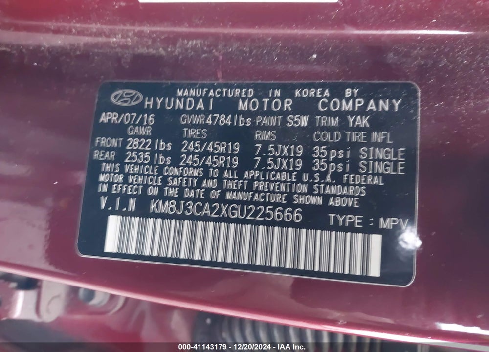 2016 HYUNDAI TUCSON LIMITED VIN: KM8J3CA2XGU225666