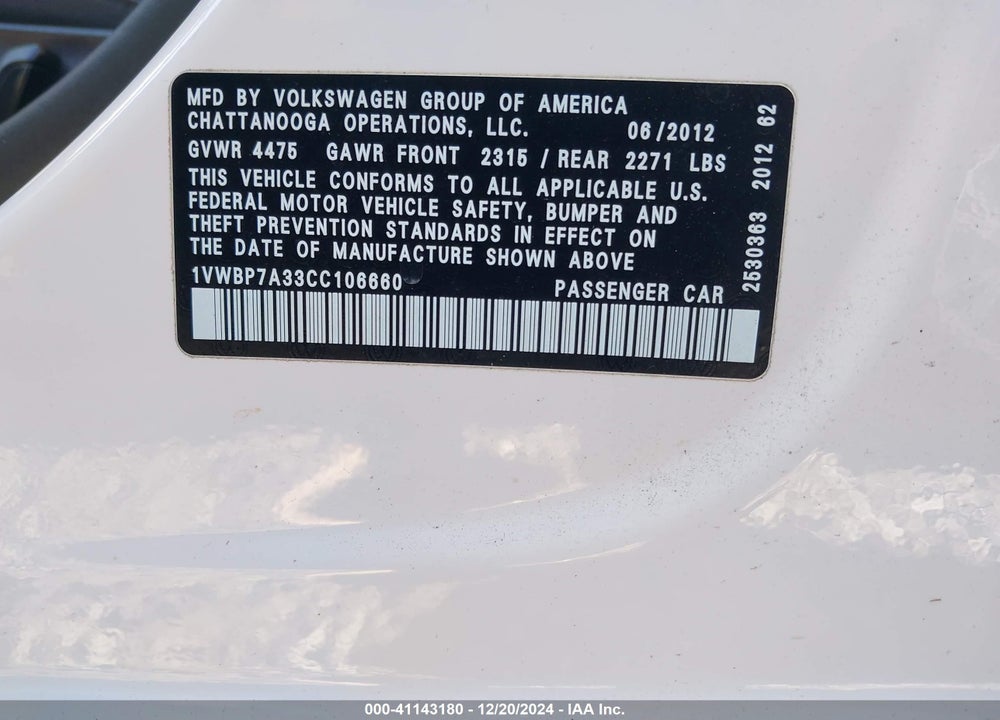 2012 VOLKSWAGEN PASSAT 2.5L SE VIN: 1VWBP7A33CC106660