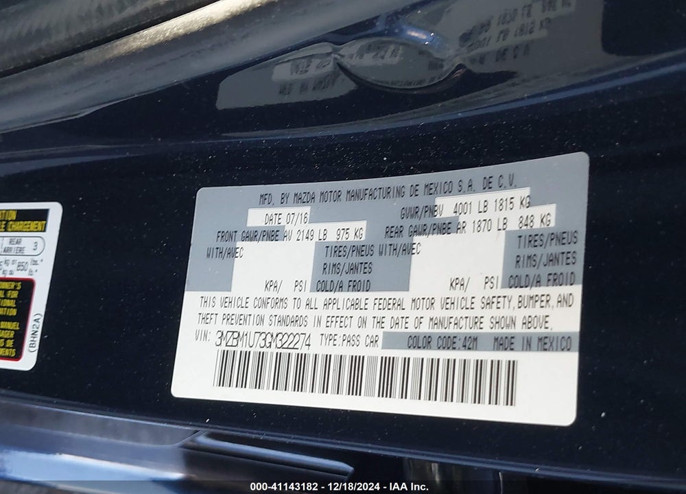 2016 MAZDA 3 I SPORT VIN: 3MZBM1U73GM322274