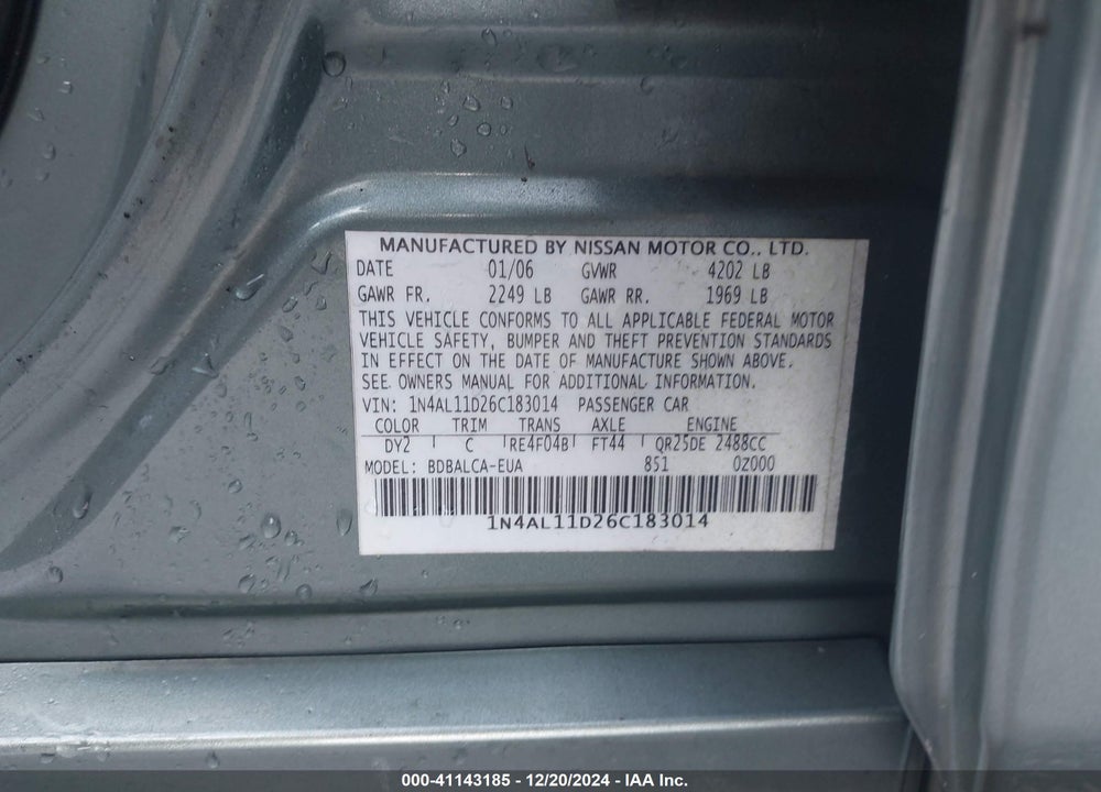 2006 NISSAN ALTIMA 2.5 S VIN: 1N4AL11D26C183014