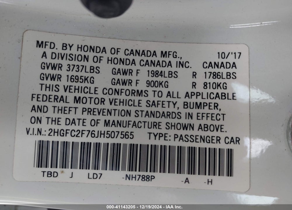 2018 HONDA CIVIC EX VIN: 2HGFC2F76JH507565