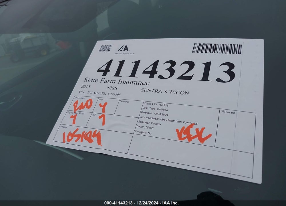 2015 NISSAN SENTRA S VIN: 3N1AB7AP3FY279898
