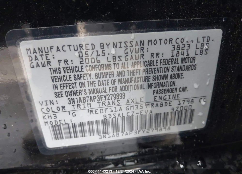 2015 NISSAN SENTRA S VIN: 3N1AB7AP3FY279898