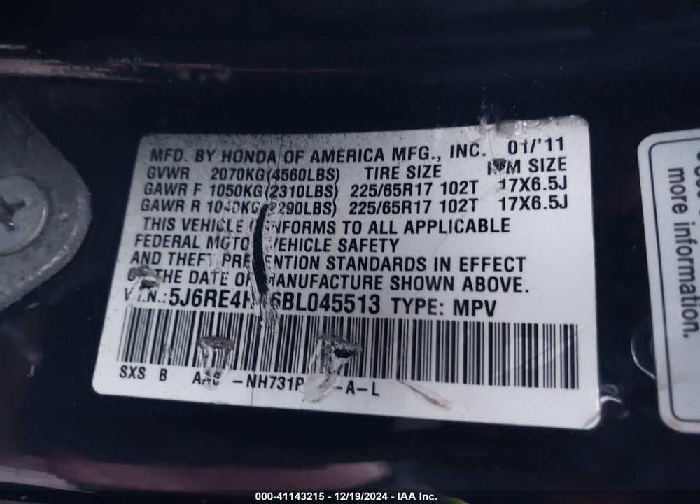 2011 HONDA CR-V SE VIN: 5J6RE4H46BL045513
