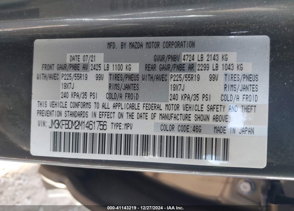 2021 MAZDA CX-5 GRAND TOURING VIN: JM3KFBDM2M1461756