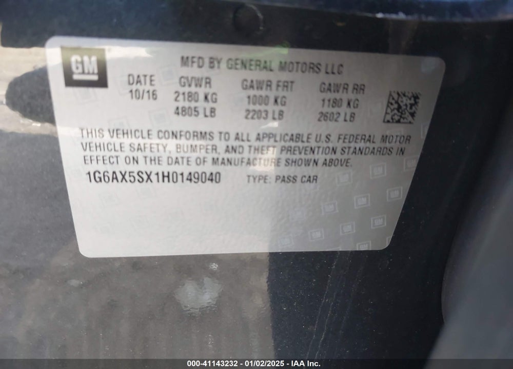 2017 CADILLAC CTS VIN: 1G6AX5SX1H0149040