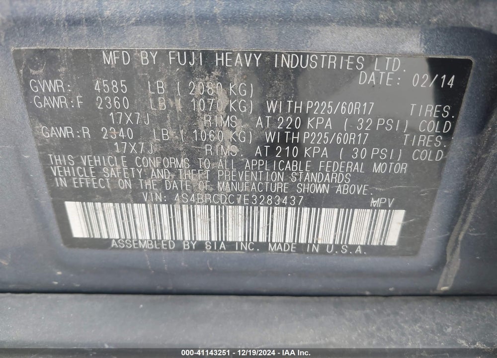 2014 SUBARU OUTBACK 2.5I PREMIUM VIN: 4S4BRCDC7E3283437