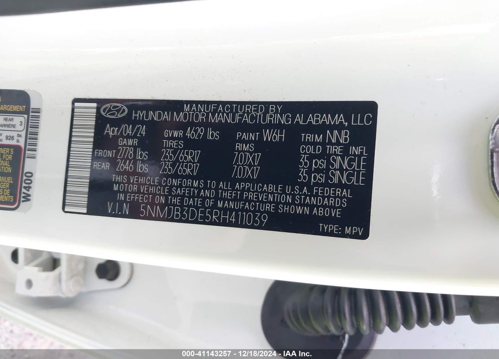 2024 HYUNDAI TUCSON SEL VIN: 5NMJB3DE5RH411039