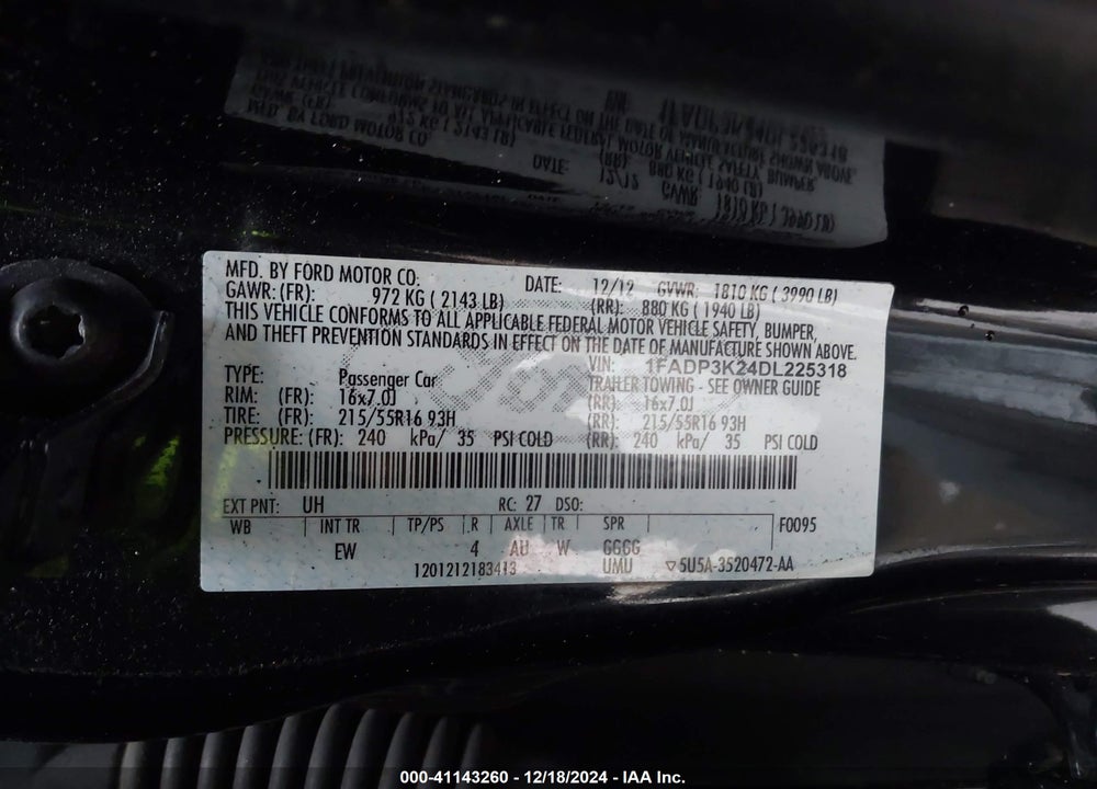 2013 FORD FOCUS VIN: 1FADP3K24DL225318