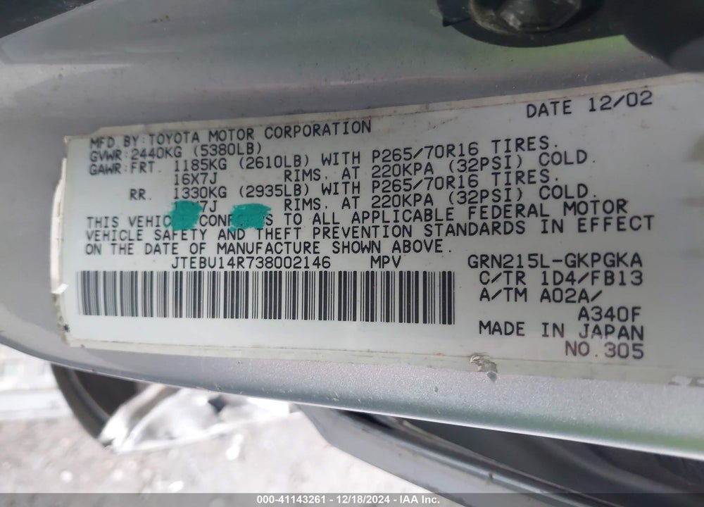 2003 TOYOTA 4RUNNER SR5 SPORT V6 VIN: JTEBU14R738002146