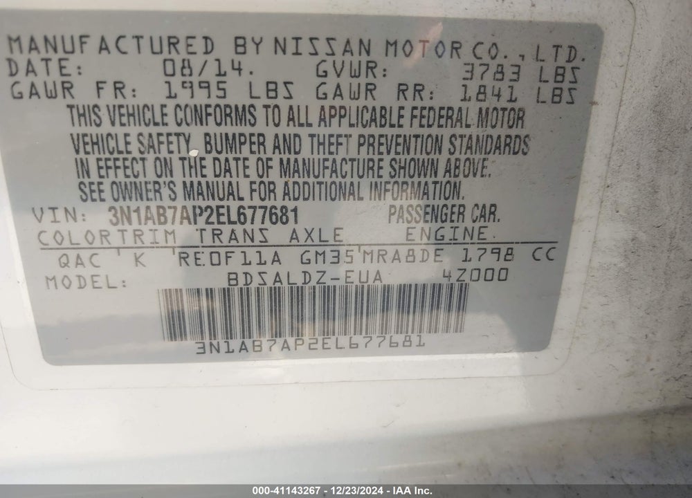 2014 NISSAN SENTRA SV VIN: 3N1AB7AP2EL677681