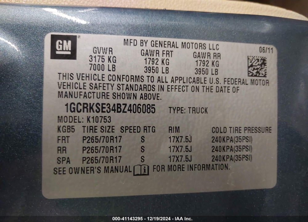 2011 CHEVROLET SILVERADO 1500 LT VIN: 1GCRKSE34BZ406085