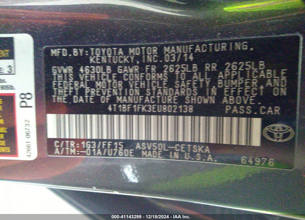2014 TOYOTA CAMRY SE SPORT VIN: 4T1BF1FK3EU802138