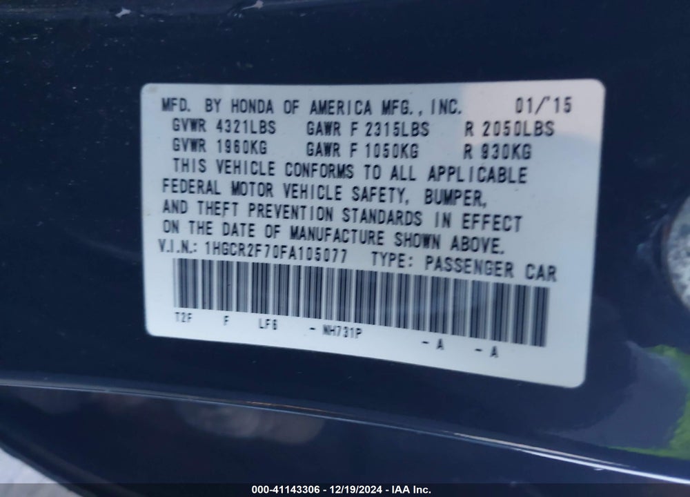 2015 HONDA ACCORD EX VIN: 1HGCR2F70FA105077
