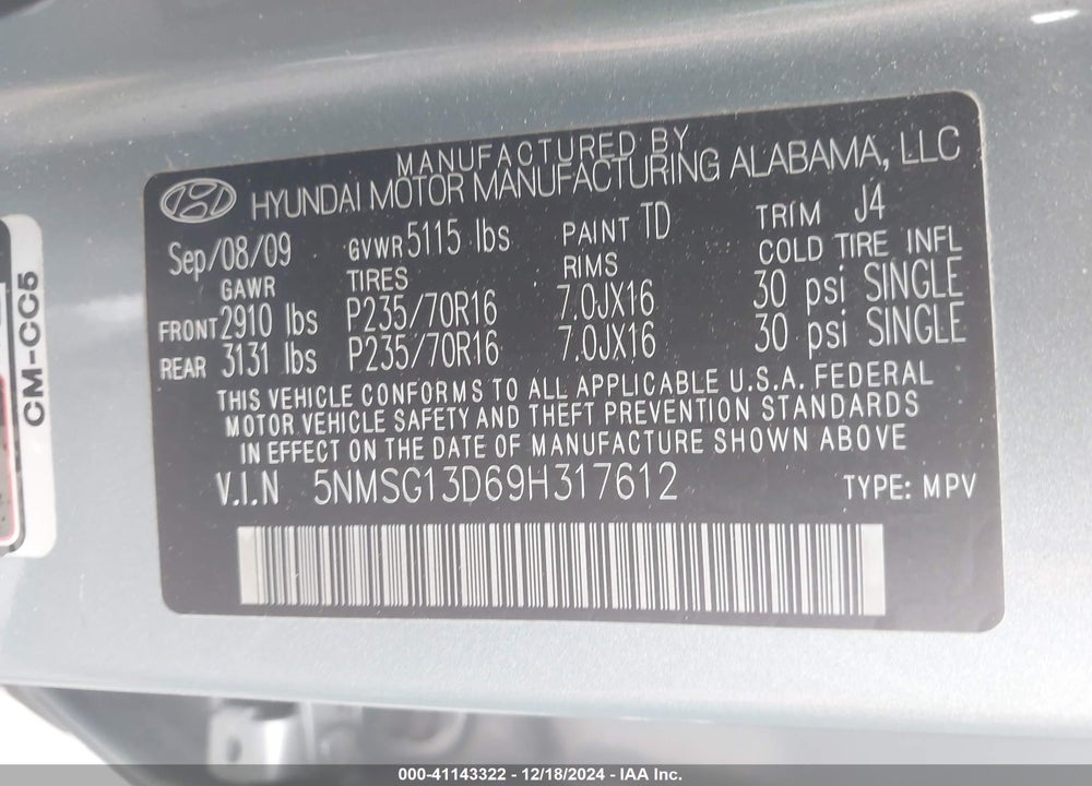 2009 HYUNDAI SANTA FE GLS VIN: 5NMSG13D69H317612