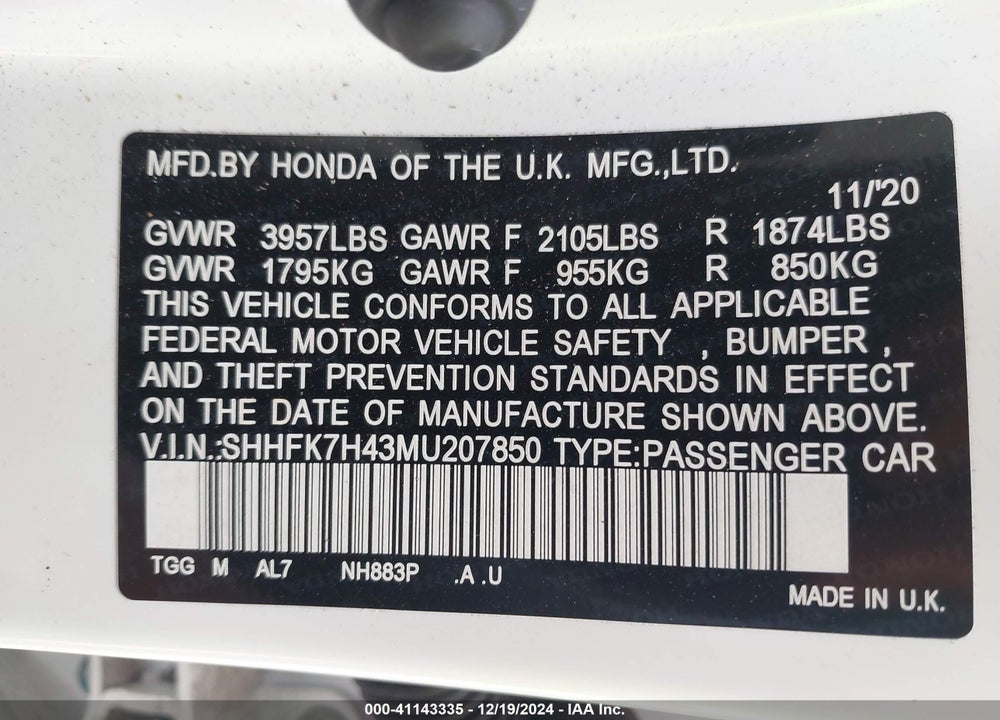 2021 HONDA CIVIC SPORT VIN: SHHFK7H43MU207850