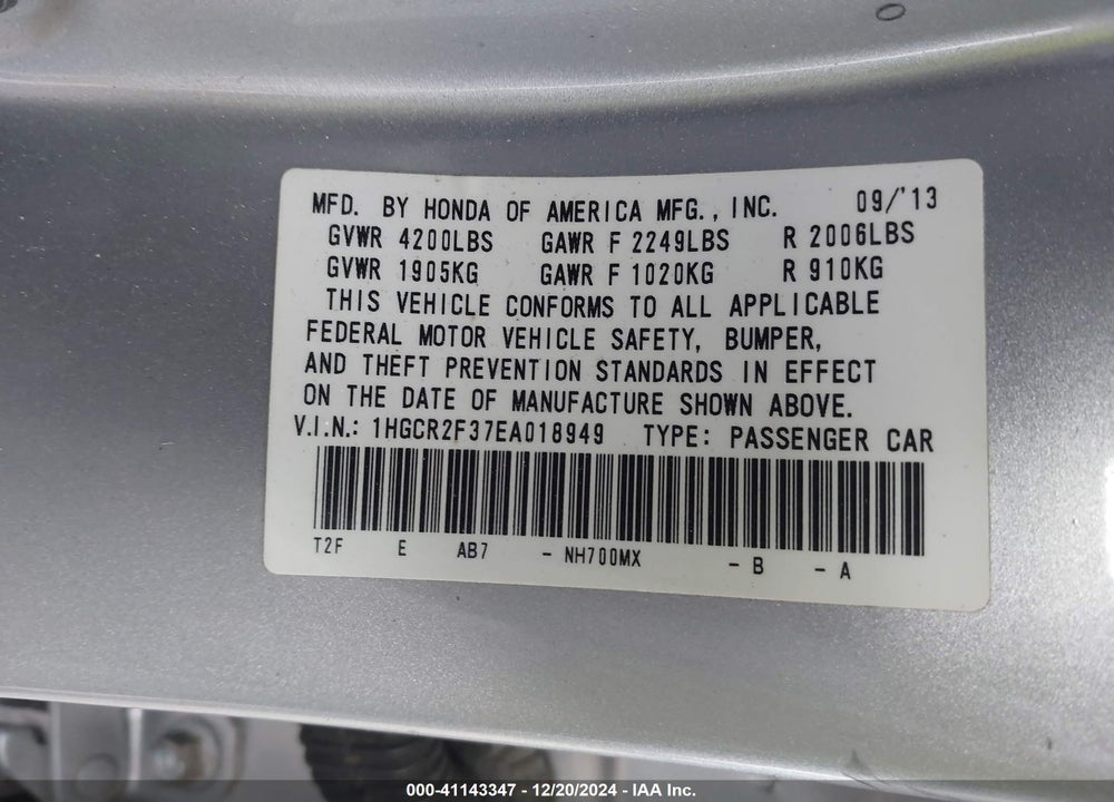 2014 HONDA ACCORD LX VIN: 1HGCR2F37EA018949