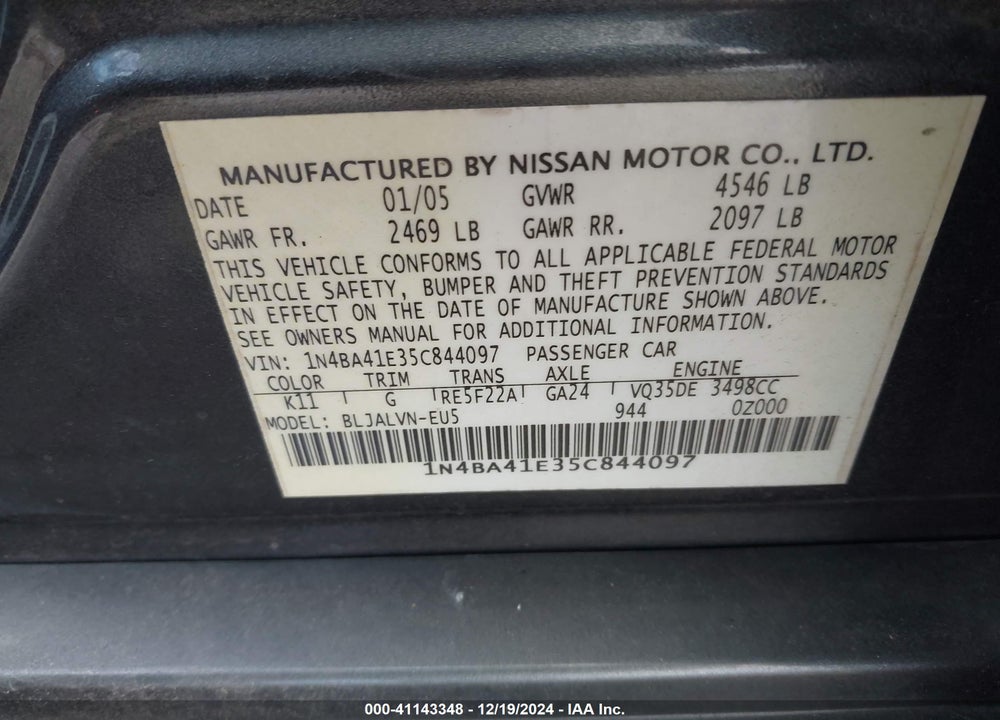 2005 NISSAN MAXIMA 3.5 SE VIN: 1N4BA41E35C844097
