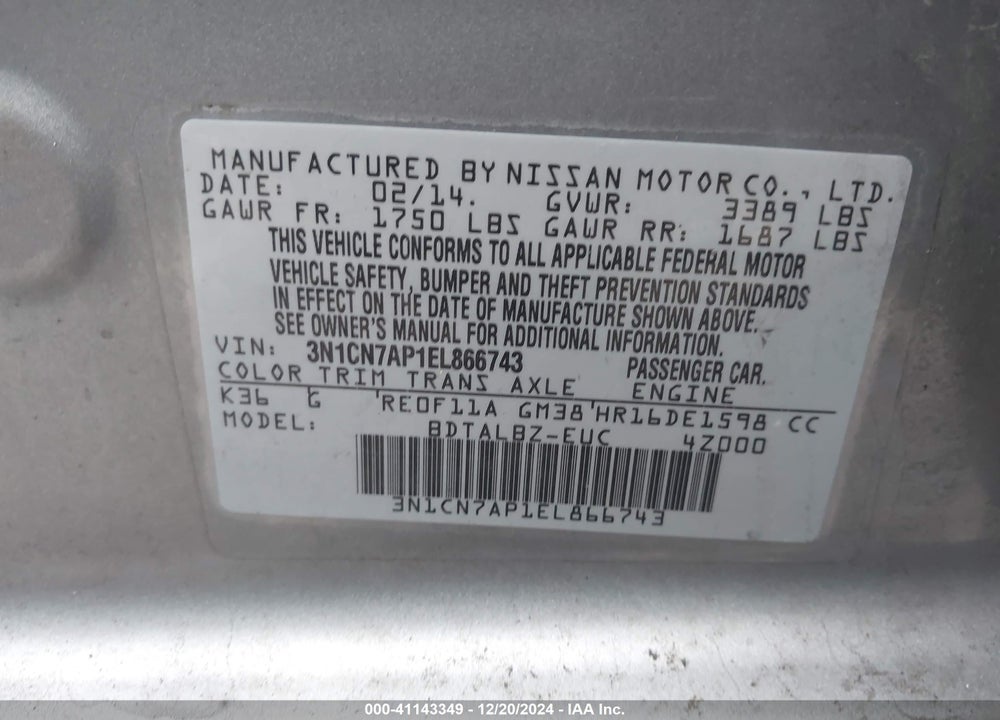 2014 NISSAN VERSA 1.6 SV VIN: 3N1CN7AP1EL866743