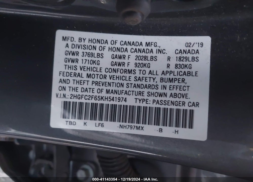 2019 HONDA CIVIC LX VIN: 2HGFC2F65KH541974