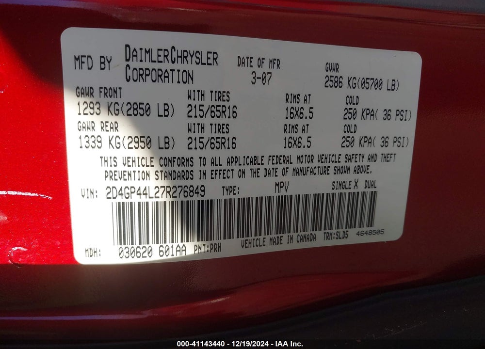 2007 DODGE GRAND CARAVAN SXT VIN: 2D4GP44L27R276849