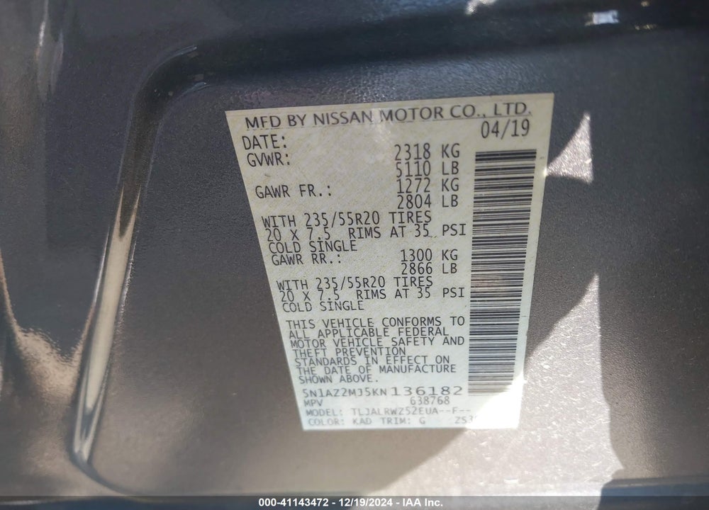 2019 NISSAN MURANO SL VIN: 5N1AZ2MJ5KN136182