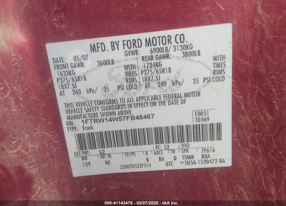 2007 FORD F-150 XLT VIN: 1FTRW14W57FB48467