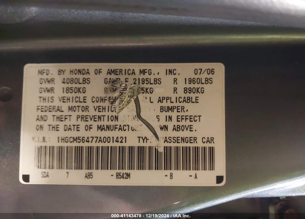 2007 HONDA ACCORD 2.4 LX VIN: 1HGCM56477A001421