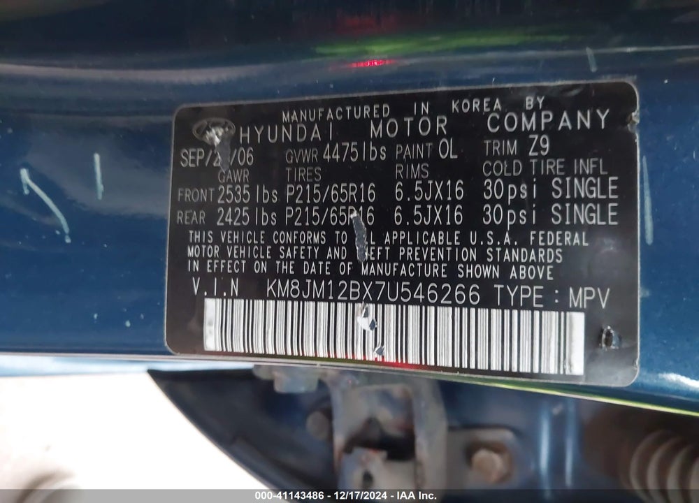 2007 HYUNDAI TUCSON GLS VIN: KM8JM12BX7U546266