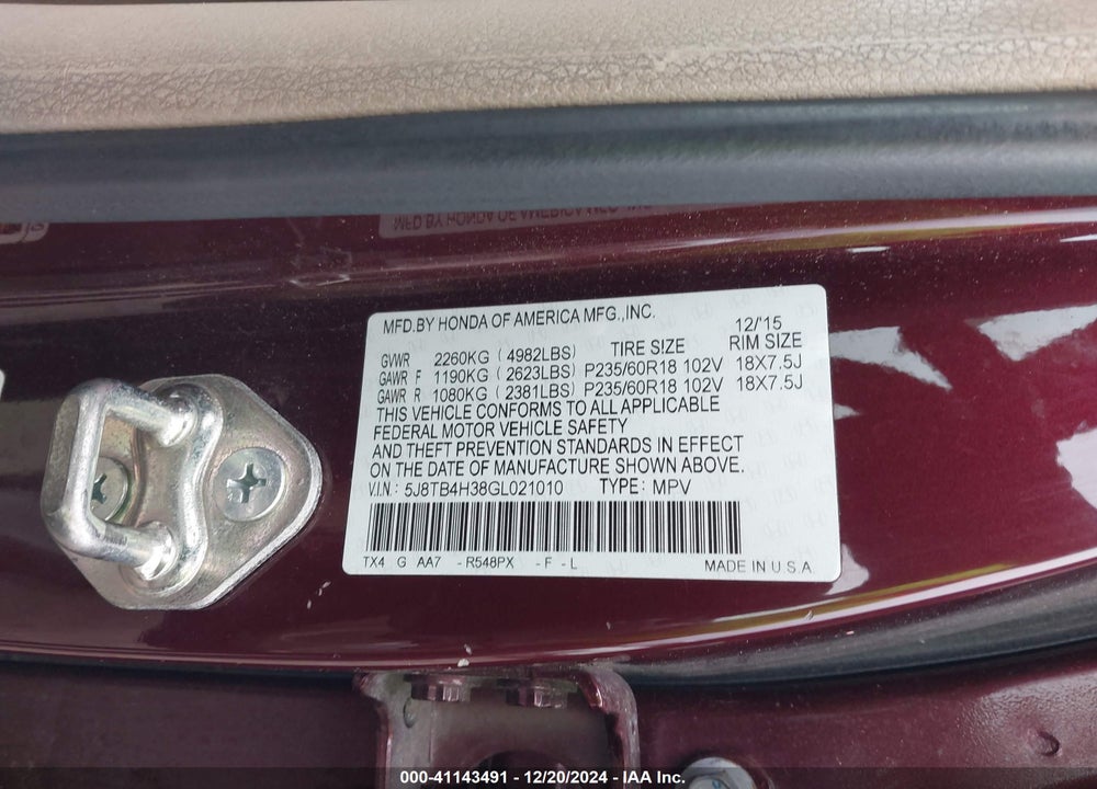 2016 ACURA RDX WATCH PLUS PACKAGE VIN: 5J8TB4H38GL021010