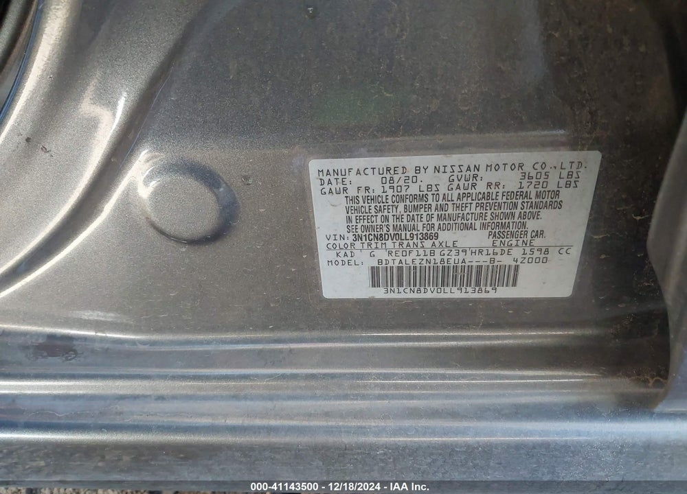 2020 NISSAN VERSA S XTRONIC CVT VIN: 3N1CN8DV0LL913869