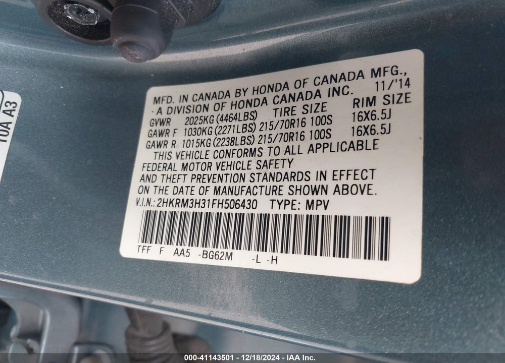 2015 HONDA CR-V LX VIN: 2HKRM3H31FH506430