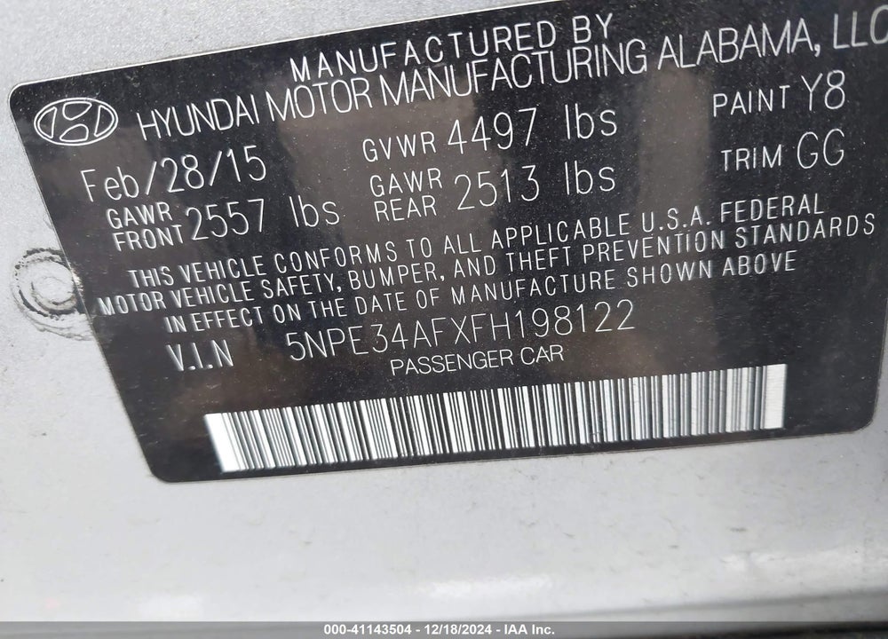 2015 HYUNDAI SONATA LIMITED VIN: 5NPE34AFXFH198122