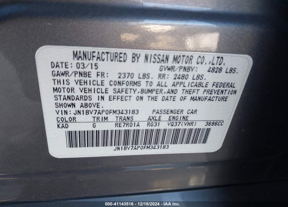 2015 INFINITI Q50 PREMIUM VIN: JN1BV7AP0FM343183