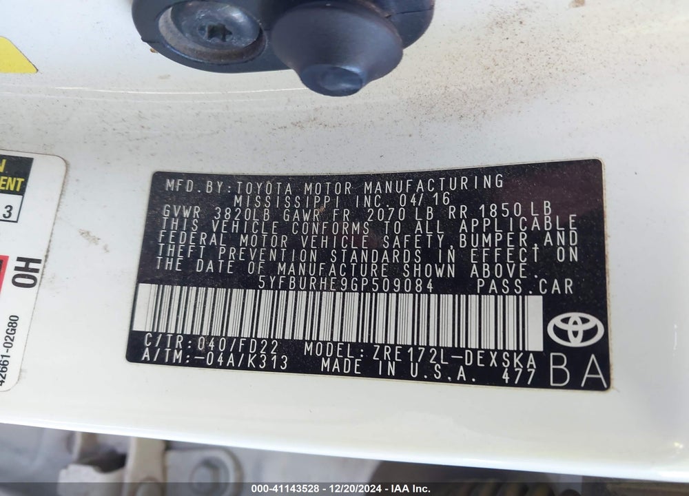 2016 TOYOTA COROLLA S PLUS VIN: 5YFBURHE9GP509084