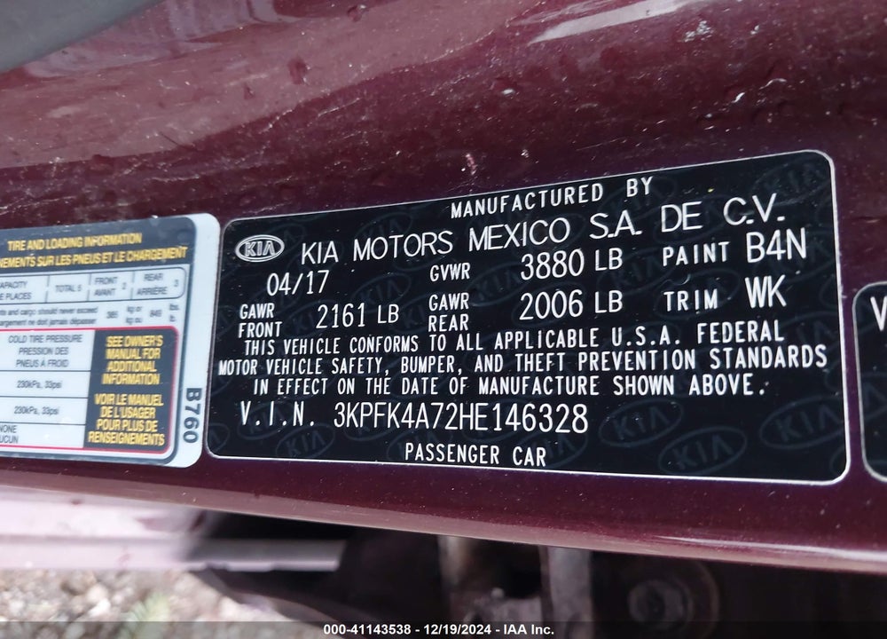 2017 KIA FORTE LX VIN: 3KPFK4A72HE146328