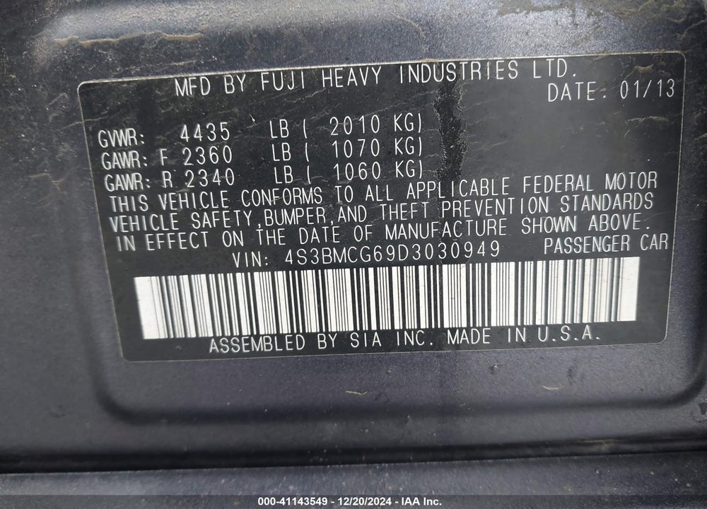 2013 SUBARU LEGACY VIN: 4S3BMCG69D3030949