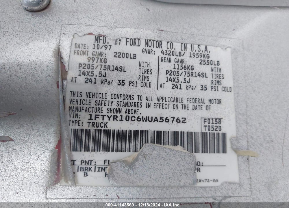 1998 FORD RANGER SPLASH/XL/XLT VIN: 1FTYR10C6WUA56762