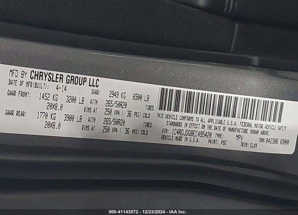 2014 DODGE DURANGO LIMITED VIN: 1C4RDJDG8EC495420