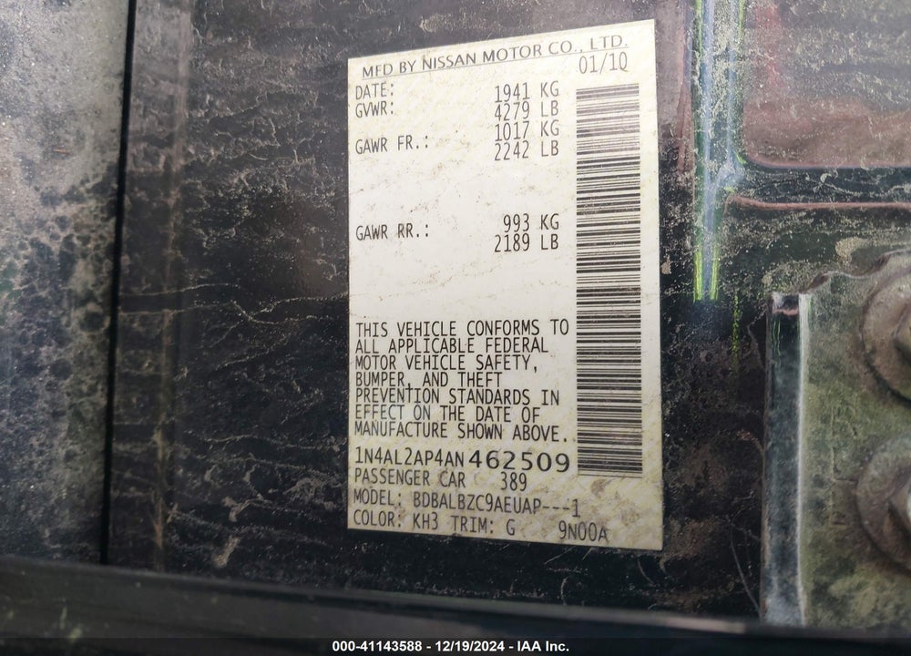 2010 NISSAN ALTIMA 2.5 S VIN: 1N4AL2AP4AN462509