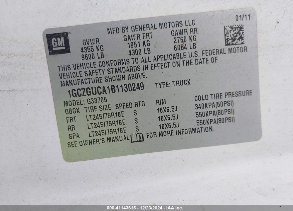 2011 CHEVROLET EXPRESS 3500 WORK VAN VIN: 1GCZGUCA1B1130249